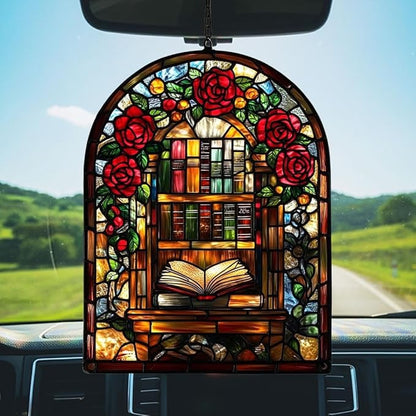 Floral Library Bookshelf Acrylic Suncatcher Stained Glass Effect Window Car Hanging Christmas Ornament Indoor Outdoor Decor Garden Sun Catcher Panel for Book Lover for Women Mom Grandma