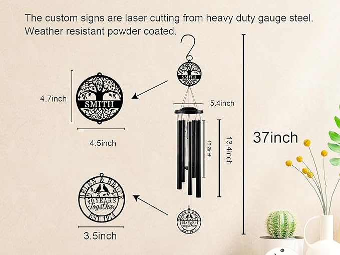 Personalized Anniversary Wind Chime Gift,15th 20th 25th 30th 35th 40th 50th 60th 65th 70th Any Year Anniversary Wedding Gift for Couple,Custom Wind Chime Gifts for Him or Her or Parents