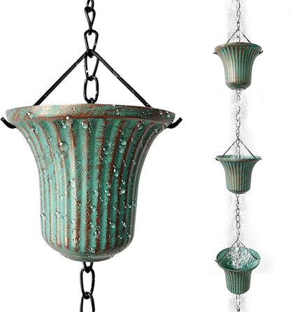 Rain Chains for Outside, 8.7FT Gutter Chain with 12 Bell Cups Rain Catcher Chain Replacement Downspout for Gutters Eaves Drainage Decor, Bronze