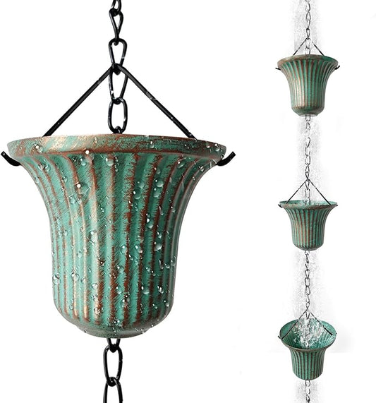 Rain Chains for Outside, 8.7FT Gutter Chain with 12 Bell Cups Rain Catcher Chain Replacement Downspout for Gutters Eaves Drainage Decor, Bronze