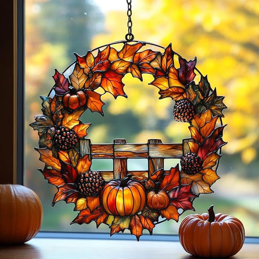Fall Floral Wreath Acrylic Suncatcher Stained Glass Effect Window Car Hanging Christmas Ornament Indoor Outdoor Decor Garden Sun Catcher Panel for Acrylic Suncatcher Lover for Women Mom Grandma