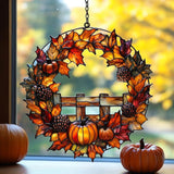 Fall Floral Wreath Acrylic Suncatcher Stained Glass Effect Window Car Hanging Christmas Ornament Indoor Outdoor Decor Garden Sun Catcher Panel for Acrylic Suncatcher Lover for Women Mom Grandma