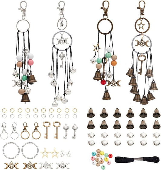 FREEBLOSS 4 Set 50+pcs DIY Witch Keychain Kit Witches Wind Chimes Witch Bells Kit Witch Craft Kit Witchy Home Decor Witch Decor Witch Bells for Keys for Protection Witch Craft for Beginners