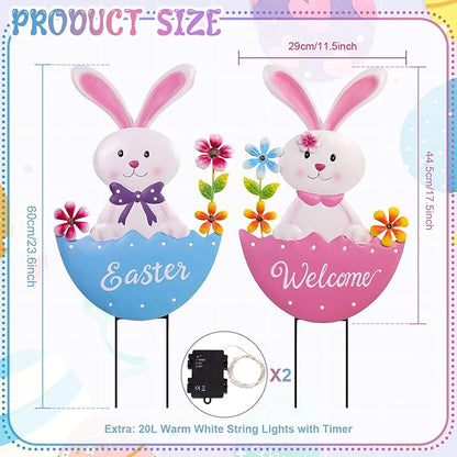 Easter Decorations Outdoor, 25 Inch Cute Bunny Flowers Decorative Garden Stakes for Easter Decor, Welcome Metal Yard Sign for Home Spring Outside Garden Front Porch Lawn Backyard