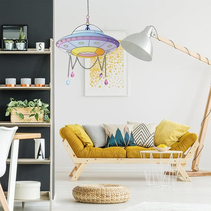 Colorful UFO Hanging Decoration with Chain & Bead Alien UFO Hanging Sun Catcher Ornament for Home Garden Christmas UFO Party Gift
