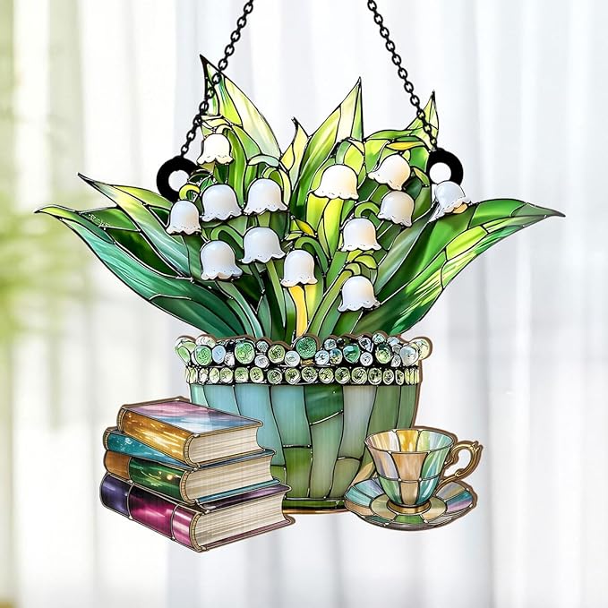 Jesuspirit - Window Hanging Suncatcher – Crystal Clear Acrylic & Wood Sun Catcher for Home Decor, for Women (Just A Girl Who Loves Lilies and Books, 6 Inches)