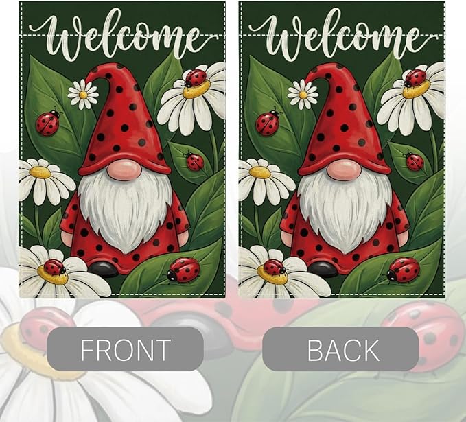 Welocome Spring Summer Seven Spotted Ladybug Gnome Garden Flag Daisy Flowers Spring Garden Flag Decor Summer Double Sided House Flag for Outside Yard Decorations 12×18 Inch