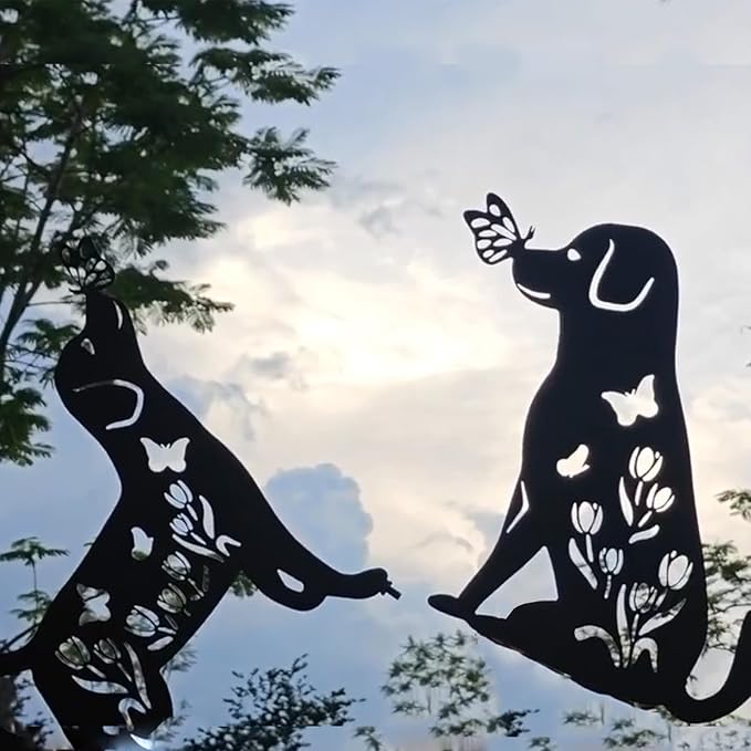 Dog Decor Outdoor Metal Decor, Garden Gecor for Outside Dog Garden Statue, Black Puppy Outdoor Garden Decor, Metal Garden Art Decorations, 2PCS (Dog1)