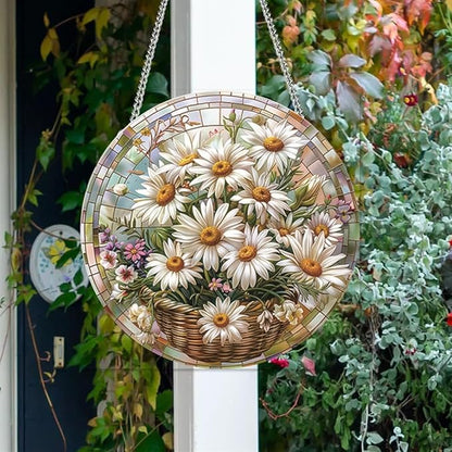 Daisy Flower Stained Window Hangings with Chain – Round Acrylic Wild Flower Ornament for Garden, Patio and Indoor Decor, Housewarming Gift for Mom,Mother, Grandma