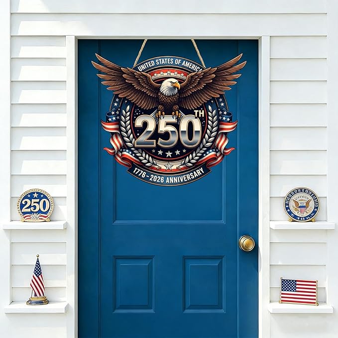 USA 250th Anniversary Double-Layer Wooden Sign Large Reusable USA 250th Bald Eagle American Flag Stars Stripes 1776-2026 250th Anniversary Rustic Wood Twine Hanging Door Wall Patriotic Decor 1 Pcs