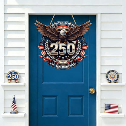 USA 250th Anniversary Double-Layer Wooden Sign Large Reusable USA 250th Bald Eagle American Flag Stars Stripes 1776-2026 250th Anniversary Rustic Wood Twine Hanging Door Wall Patriotic Decor 1 Pcs
