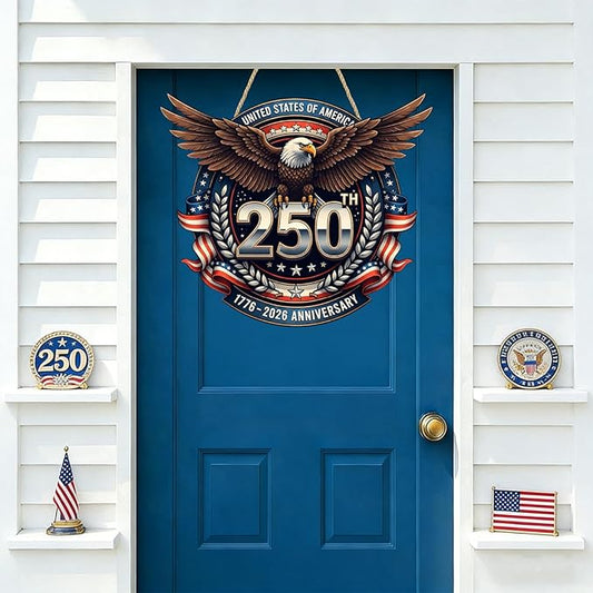 USA 250th Anniversary Double-Layer Wooden Sign Large Reusable USA 250th Bald Eagle American Flag Stars Stripes 1776-2026 250th Anniversary Rustic Wood Twine Hanging Door Wall Patriotic Decor 1 Pcs