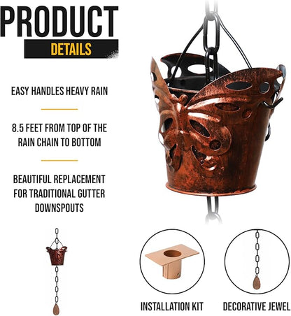 8.5FT Rain Chains for Drain Gutter Through Downspouts and Rain Barrel with Rain Chain Gutter Adapter - Outdoor Rust-Resistant Plated Iron and Thick Chain Garden Décor (Bronze-Butterfly)
