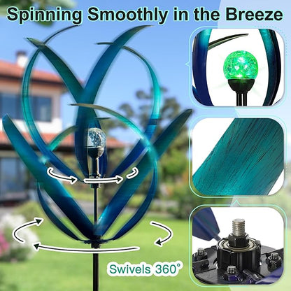 Lariander Outdoor Wind Spinners with Solar Light, 82'' Metal Large Spinner Yard Art, Peacock Blue Wind Sculptures for Garden Lawn Patio, Gifts for Family