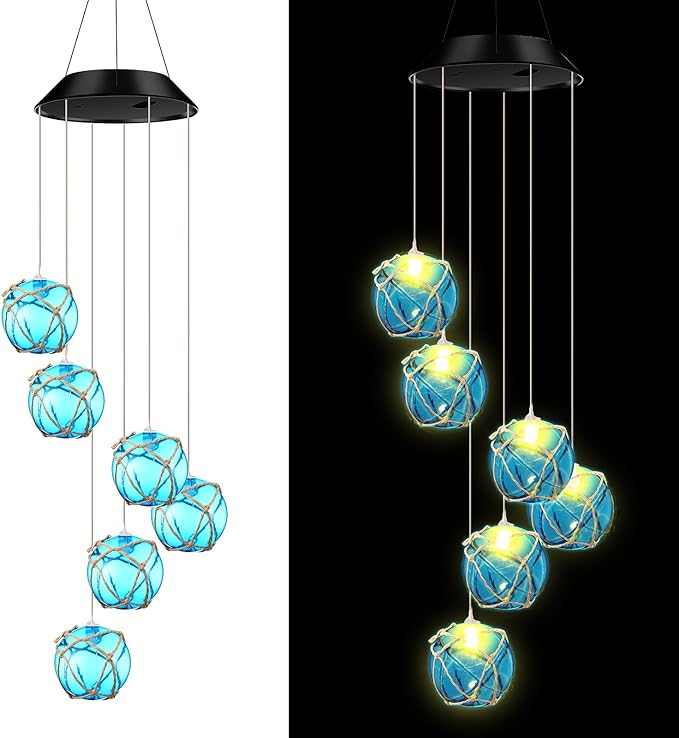 Wonderjune Solar Wind Chimes Nautical Ball Beach Theme Lights Outdoor Mobile Wind Chime LED Light for Garden Patio Yard Porch Decoration Gifts (Blue)