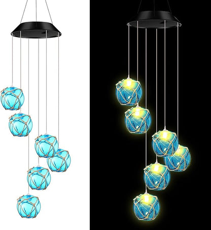 Wonderjune Solar Wind Chimes Nautical Ball Beach Theme Lights Outdoor Mobile Wind Chime LED Light for Garden Patio Yard Porch Decoration Gifts (Blue)