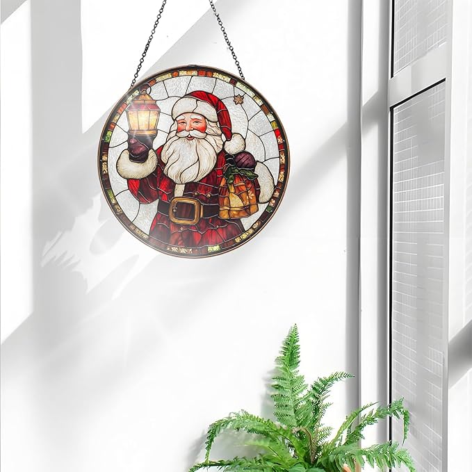Bimkole Santa Claus Stained Glass Suncatcher Window Hanging - Christmas Indoor Window or Doorway Decoration - Handmade Sun Catcher Decor for Garden Home Christmas & Birthday Gifts 7.87x7.87 inch
