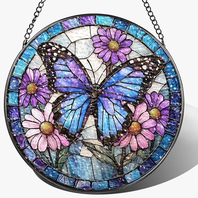 Stained Glass Suncatcher Window Hanging, 7.8 Inch Handmade Sunflower Garden suncatchers, Suncatcher Home Decor,Gift for Women, Mom, Grandma (Butterfly)
