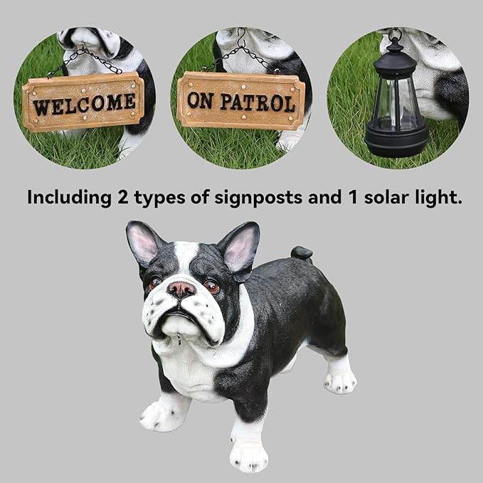 French Bulldog Statue with Solar Lantern - 14.96" Frenchie Garden Sculpture with Interchangeable Double-Sided "Welcome" & "On Patrol" Sign - Resin Dog Figurines for Outdoor Patio, Lawn, Porch Decor