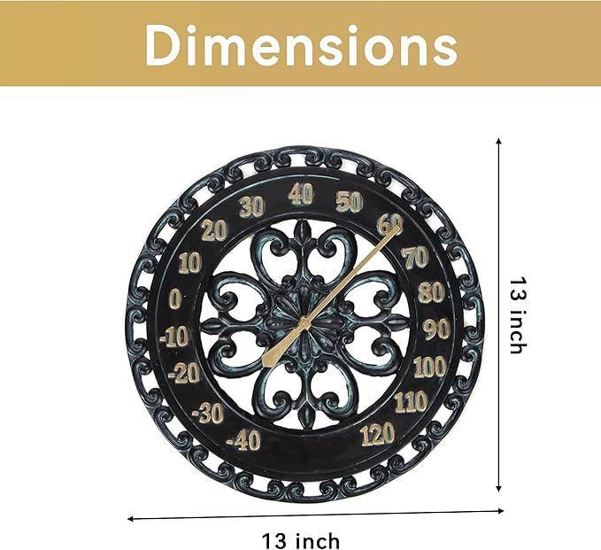 Lily's Home Hanging Verdigris Wall Dial Thermometer, Ideal for Indoor and Outdoor Use, Black (13 Inches)