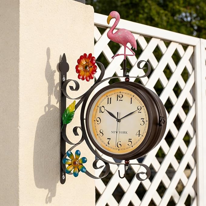 Flamingo Vintage Double Sided Wall Clock with Metal Frame Antique Wall Clock for Outdoor Decorative Art Decor for Living Room Restaurants Office Kitchen Silent Watches & 360 Degree Rotate