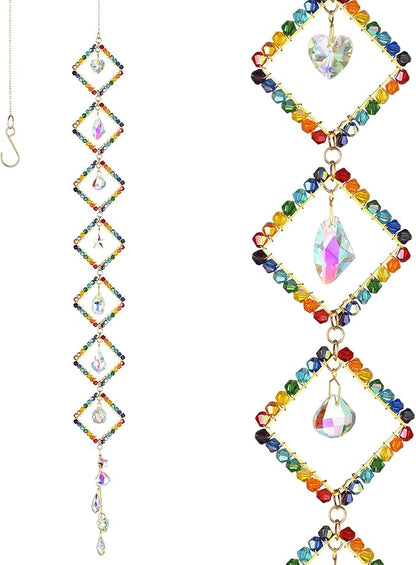 7 Chakra Crystal Light Catcher - Handwoven Sun Catcher with Geometric Metal Frames, Rainbow Maker for Windows, Garden & Balcony Decor, Rainbow Crystal Beads, 7-Tier (Jumping Colors)