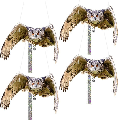 Owls to Keep Birds Away: 4Pcs Fake Owls with Reflective Tape for Garden Patio, Bird Scare Reflective Hanging Decoration to Keep Birds Pigeon from Windows Tree Garden