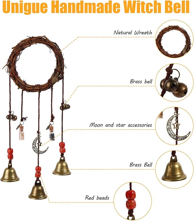 2 Pieces Witch Bells for Door Knob for Protection Hanging Bell Wind Chimes Handmade Decorative Bell for Boho Home Room Witchy Decor (Classic)