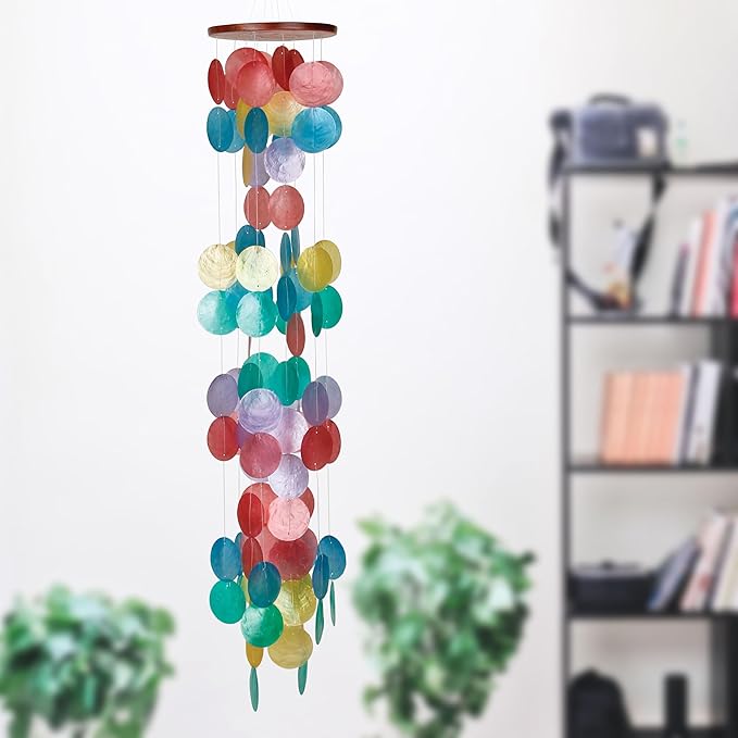 Woodstock Chimes Capiz Waterfall Wind Chime, 40" Rainbow Capiz Round Sea Shell, Handcrafted Ocean Theme Windchime for Outdoor, Patio or Garden Décor (CWH)