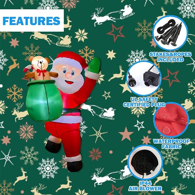 BLOWOUT FUN 4FT Christmas Inflatable Hanging Santa with Gift Bag Decorations, Blow Up Climbing Santa with Build-in LED for Xmas Party, Outdoor, Yard, Garden, Lawn Winter Decoration
