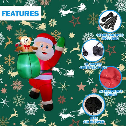 BLOWOUT FUN 4FT Christmas Inflatable Hanging Santa with Gift Bag Decorations, Blow Up Climbing Santa with Build-in LED for Xmas Party, Outdoor, Yard, Garden, Lawn Winter Decoration