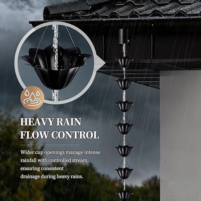 Rain Chains for Gutters Outside 8.5FT Black Rain Catcher Chain with Adapter 16 Cups Decorative Replacement for Downspout