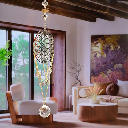 Flower of Life Crystal Suncatcher, Sacred Geometry Wall Decor, Home Office Garden Decorative Hanging Ornament