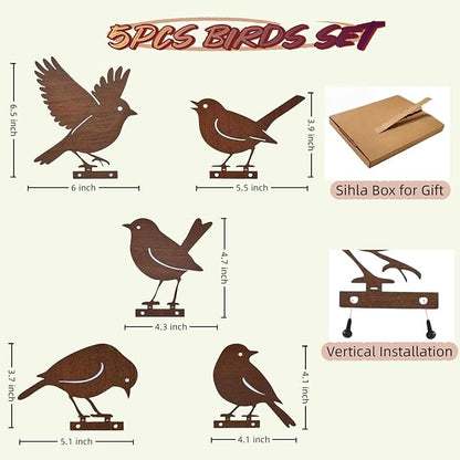5PCS Rusty Metal Birds Decor, Metal Bird Silhouette Art, Rustic Outdoor Fence Decor, Garden Yard Art Ornaments, Vintage Metal Bird Sculptures for Patio, Tree, Wall, Farmhouse