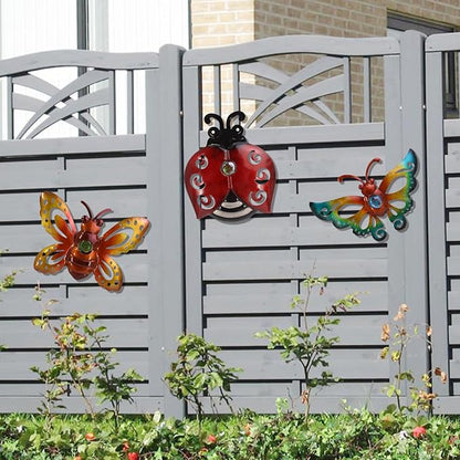 Garden Decor Butterfly Ladybug Bee Metal Wall Art Decor, Wall Decoration Hanging for Home Garden Porch Patio Balcony Ornament for Outdoor Gift, 3 Pack 9 Inch
