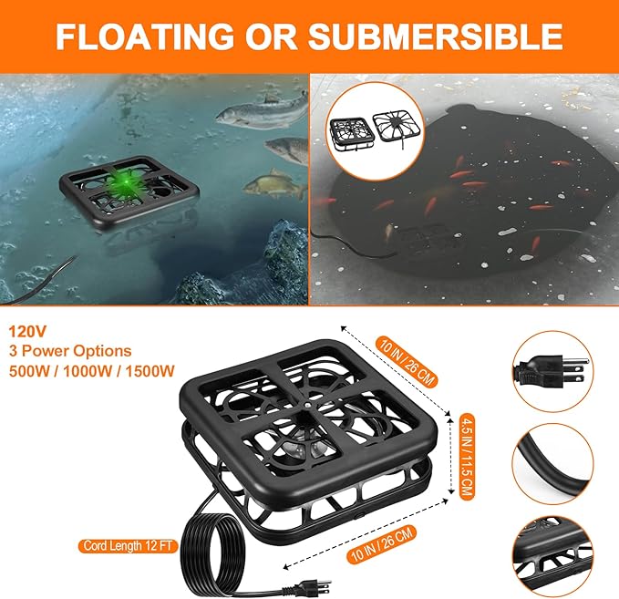 Aobiono Upgraded Pond Heater De-Icer with Light Indicator, Automatic Thermostatic Control 48°F On / 95°F Off, Keeps Ice Hole for Fish Koi Ponds, Stock Tanks, Bird Baths, 12 ft Cord (500W)