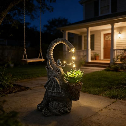 Solar Powered Garden Statue with LED Lights, Grey Stone Resin Elephant Planter, Decorative Outdoor Sculpture with Birds and Succulents,for Balcony, Garden, Patio, Yard, Lawn(Gray)
