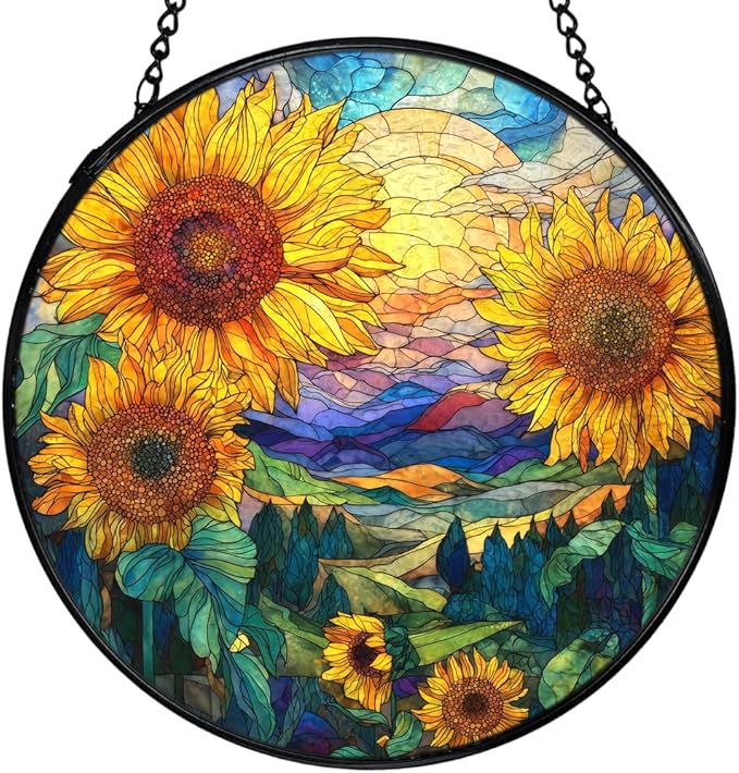 Sunflower Suncatchers Stained Glass Window Hanging, Rustic Cottagecore Flower Sun Catchers Indoor Window Glass Round Wall Decor, Sunflower Wall Hanging Decorations, 7.9x7.9in