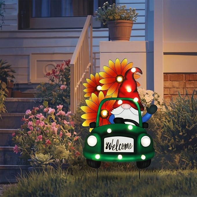 WONDER GARDEN Decorative Garden Stakes - Lighted Gnome Drive Truck Yard Sign Stakes with Sunflower, Spring Welcome Signs for Outdoor, Porch, Yard,Flower Bed Decor