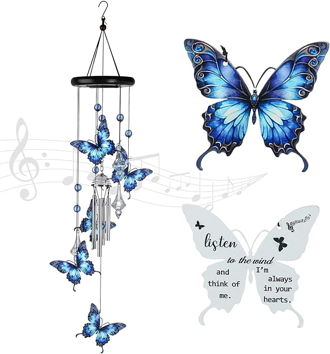 YU FENG Butterfly Memorial Wind Chime with Crystal Suncatcher – 27 Inch Outdoor Wind Chimes for Garden, Blue Butterfly Sympathy Gift for Loss of Loved One, Remembrance Decor for Yard, Patio, Mom