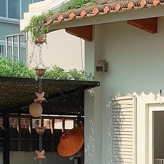 Rain Chains for Gutters, 7.87Ft Hummingbird and Cup Rain Chains for Gutters, Adjustable Rain Chimes for Outside Replacement Downspout for Gutters Eaves Drainage, Copper