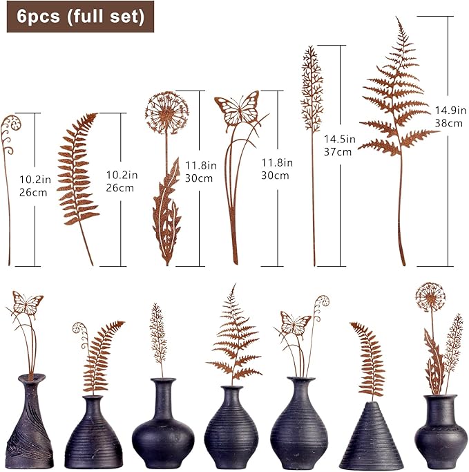 Set of 6 Metal Flowers for Outside, Metal Flowers Garden Outdoor Yard Ornaments Decor Plant Fairy Garden Stakes Yard Art Plant Decorations for Pots Accessories Lawn Ornaments