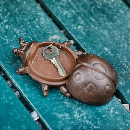 Hide a Key Ladybug Statue, Cast Iron Key Hiders Outside, Decorative Outdoor Spare Keys Holder, Animal Shaped Hidden Keys Holders for Indoor Garden Yard Patio Decor, Brown