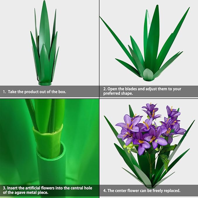 DDQ Metal Agave Plant Outdoor Decor with Artificial Flowers, Mexican Style Garden Sculpture, Waterproof Yard Art for Patio Lawn, Multiple Flower Options (Green Agave + Sunflower/Red/Yellow/Purple)