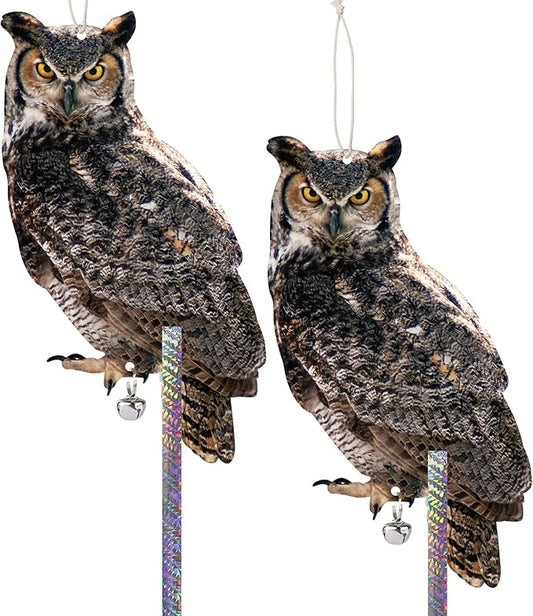 2PCS Fake Owl to Keep Pigeon Away from Balcony Flat Garden Owls with Reflective Tape Plastic Owl to Scare Pigeon Woodpecker for Outdoor House Patio Yard WindowFront Porch Backyard