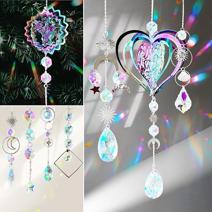 SNAIL GARDEN 202PCS Crystal Suncatcher Kit with 3D Wind Spinners,DIY Suncatcher Kits for Adults,Rainbow Window Prism Hanging Crystals,Colorful Ornament Pendant Window Charms for Garden,Car,Bedroom