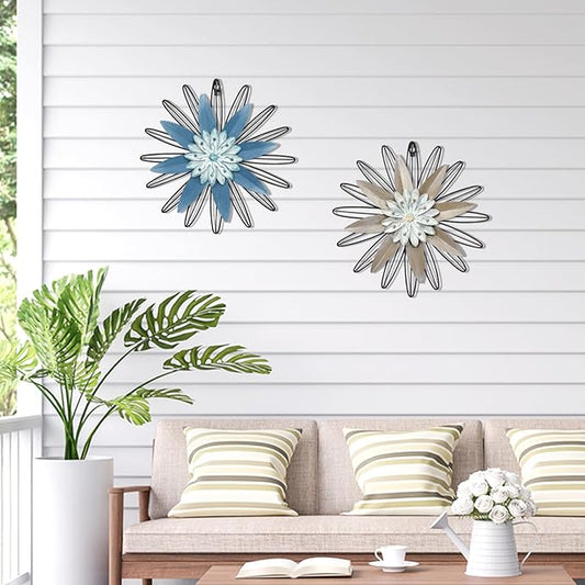 LIFFY Metal Flowers Wall Arts, 2 Pieces 3D Minimalist Flower Wall Decor for Living Room, Bedroom, Sunroom and Outdoor Spaces, Housewarming Gifts(11", blue&khaki)
