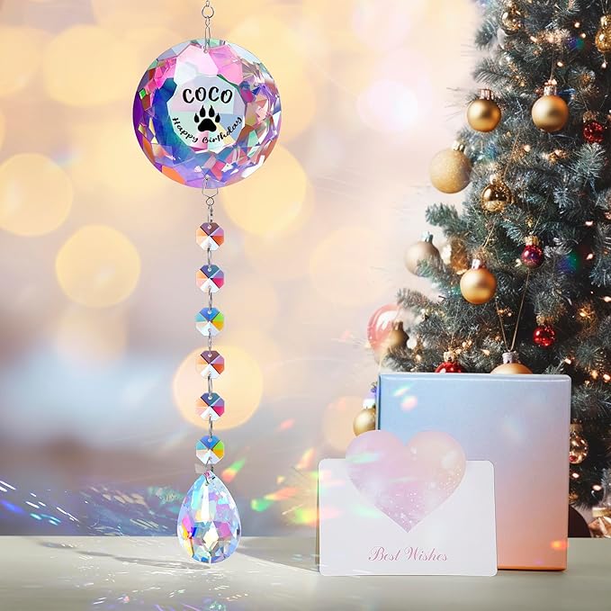 Custom Pet Memorial Crystal Suncatcher - Personalized Name Paw Print Hanging Ornament, Rainbow Prism Window Decor, Sympathy Gift for Dog/Cat Lovers, Remembrance Keepsake with Gift Box (Pet-Custom)