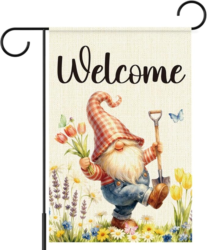 Gnome Spring Garden Flags for Outside,Welcome Spring Garden Flag Yard Lawn Porch Flags for Outdoor Decorations 12x18 Inch Double Sided