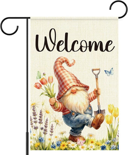 Gnome Spring Garden Flags for Outside,Welcome Spring Garden Flag Yard Lawn Porch Flags for Outdoor Decorations 12x18 Inch Double Sided